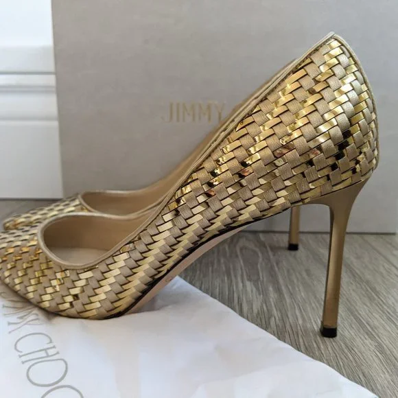 Jimmy Choo Romy 85 Gold Mix Woven Metallic Fabric Pointy Toe Pump Sz/ 8.5 - Picture 11 of 15